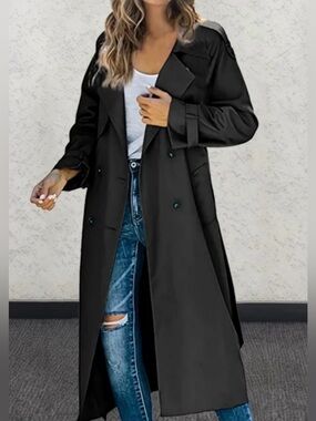 Old Navy Black Double-Breasted Long Trench Coat
